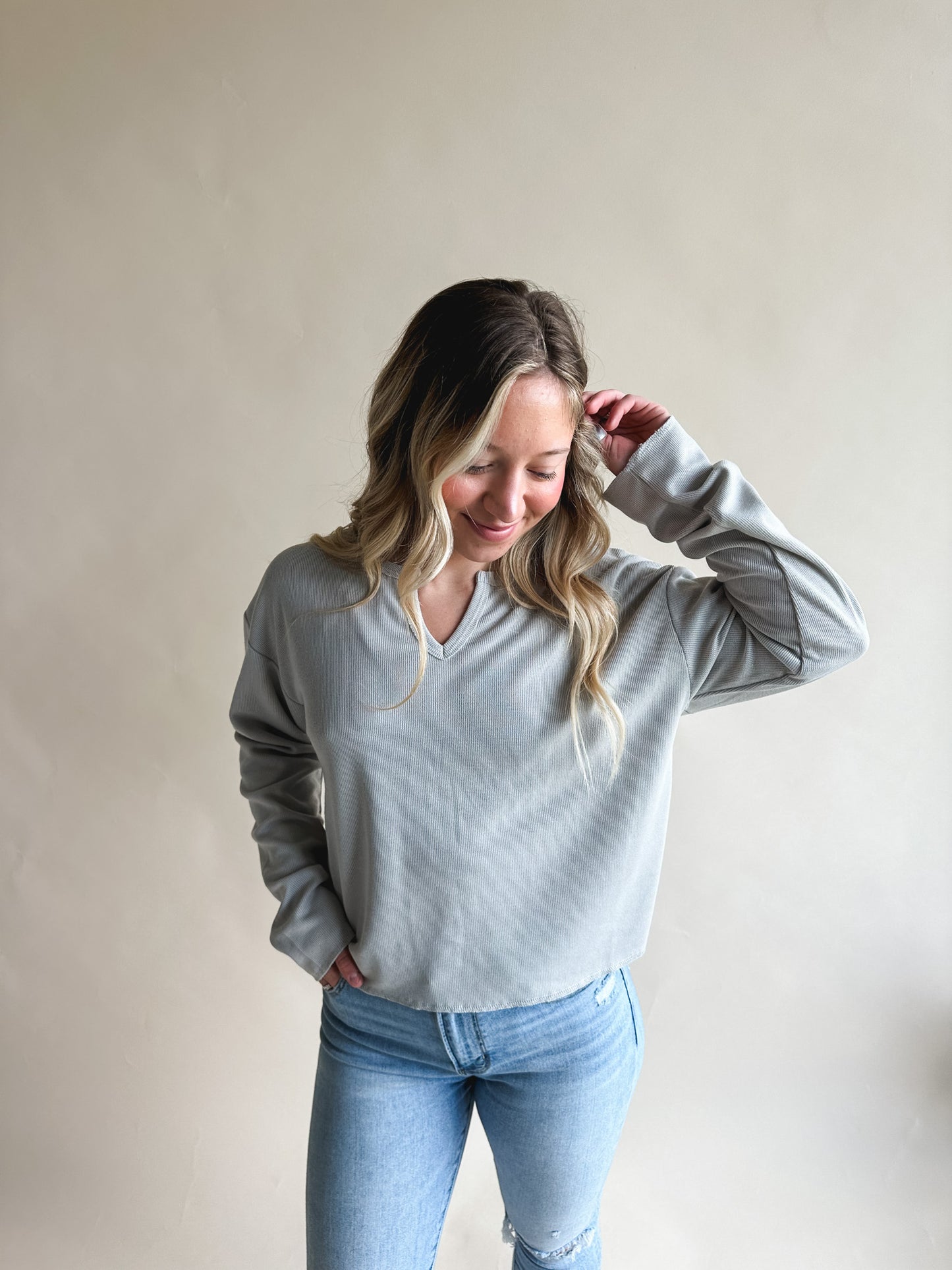 Grey Micro Waffle Knit Top
