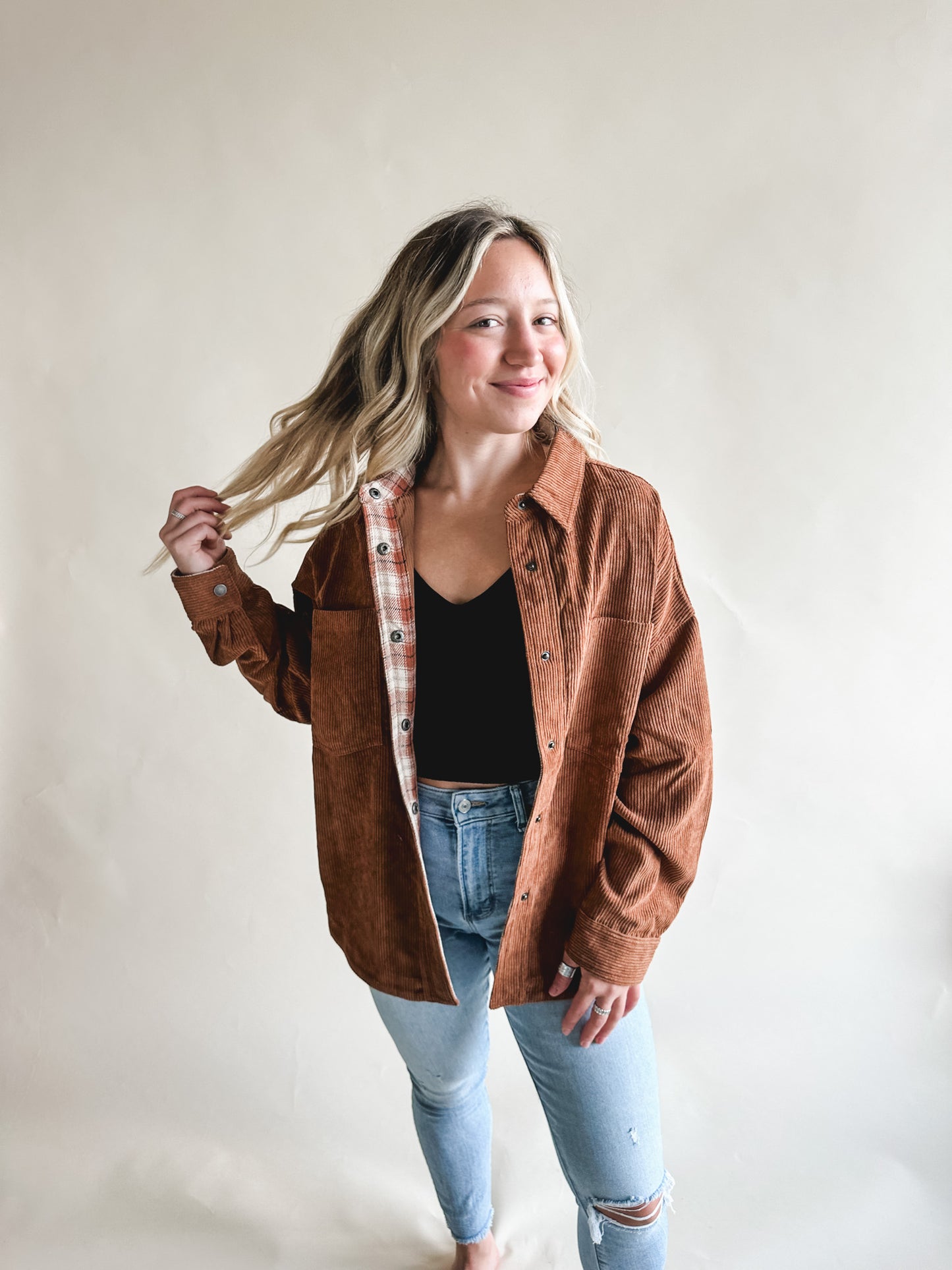 Plaid Detail Corduroy Shacket