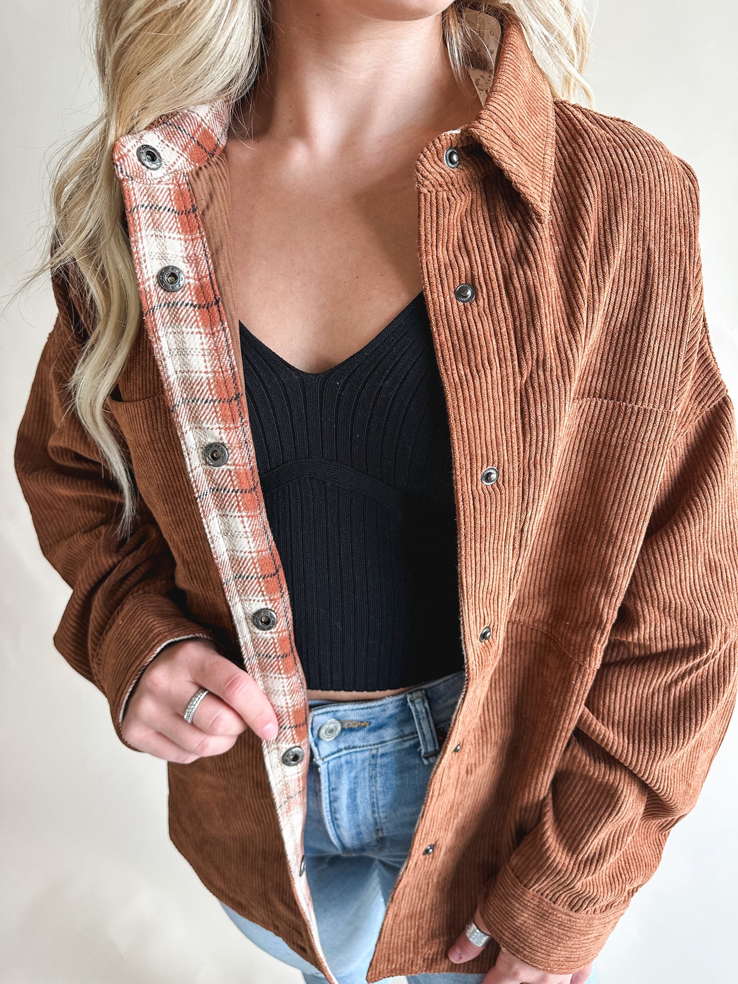 Plaid Detail Corduroy Shacket