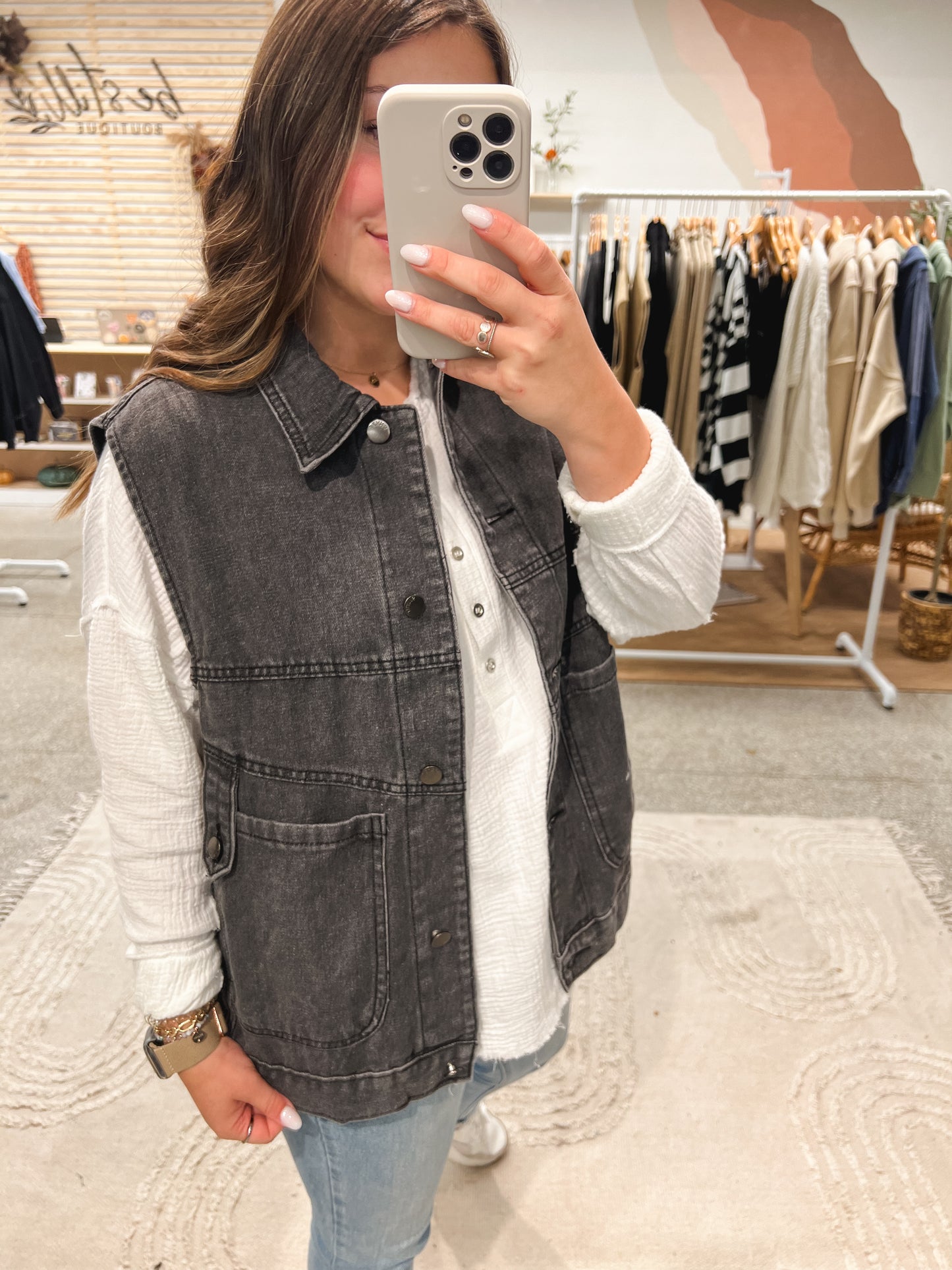 Vintage Buckle Black Washed Denim Vest