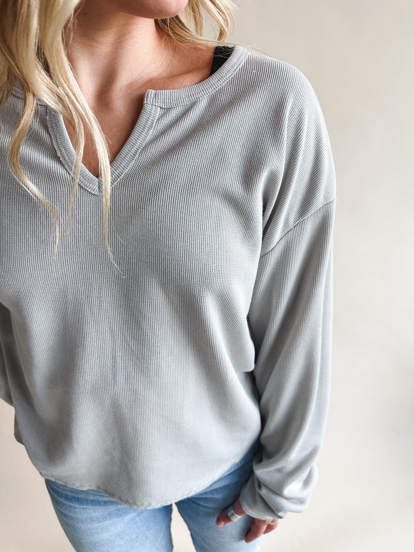 Grey Micro Waffle Knit Top