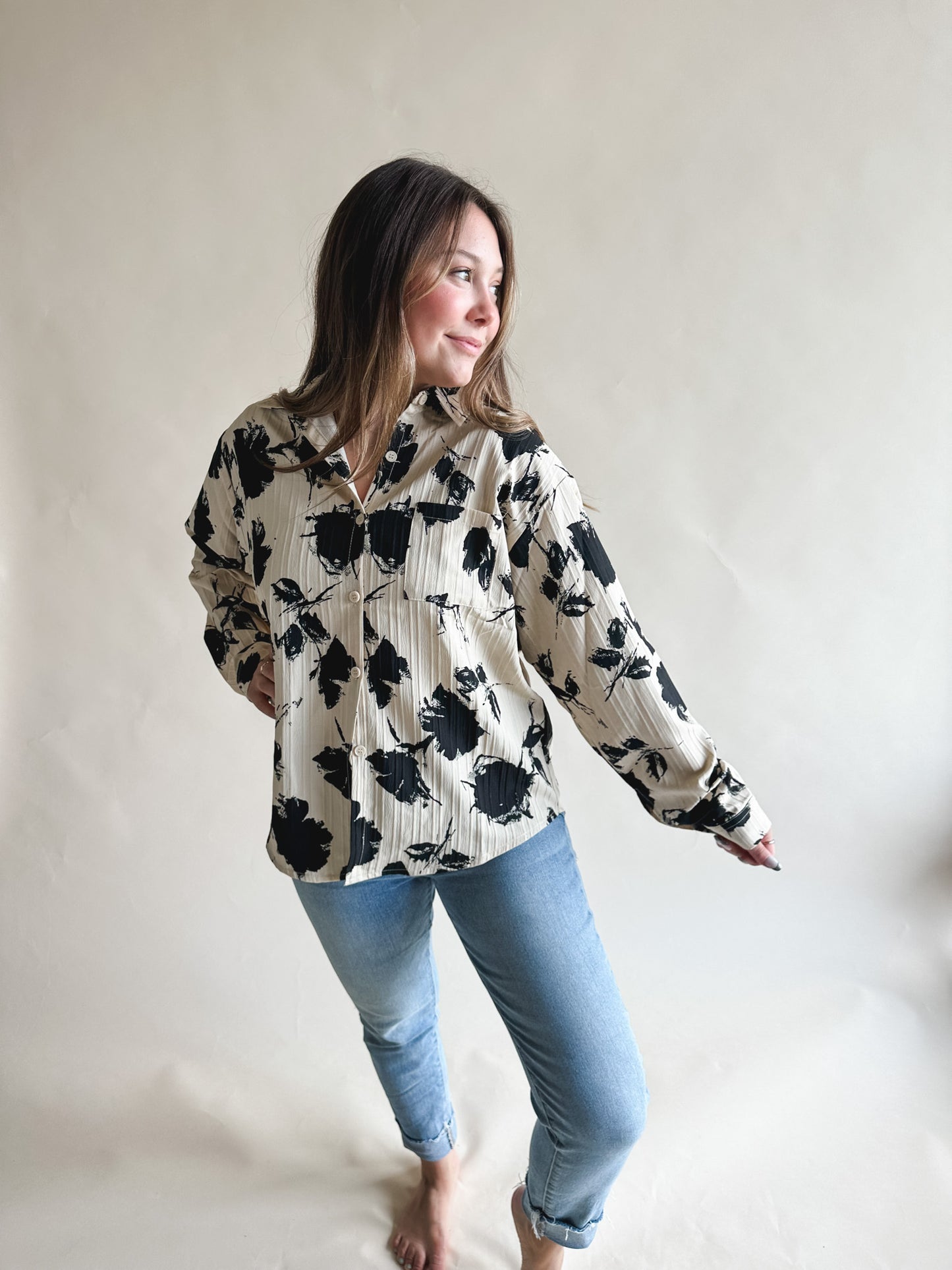 Beige Black Button Up