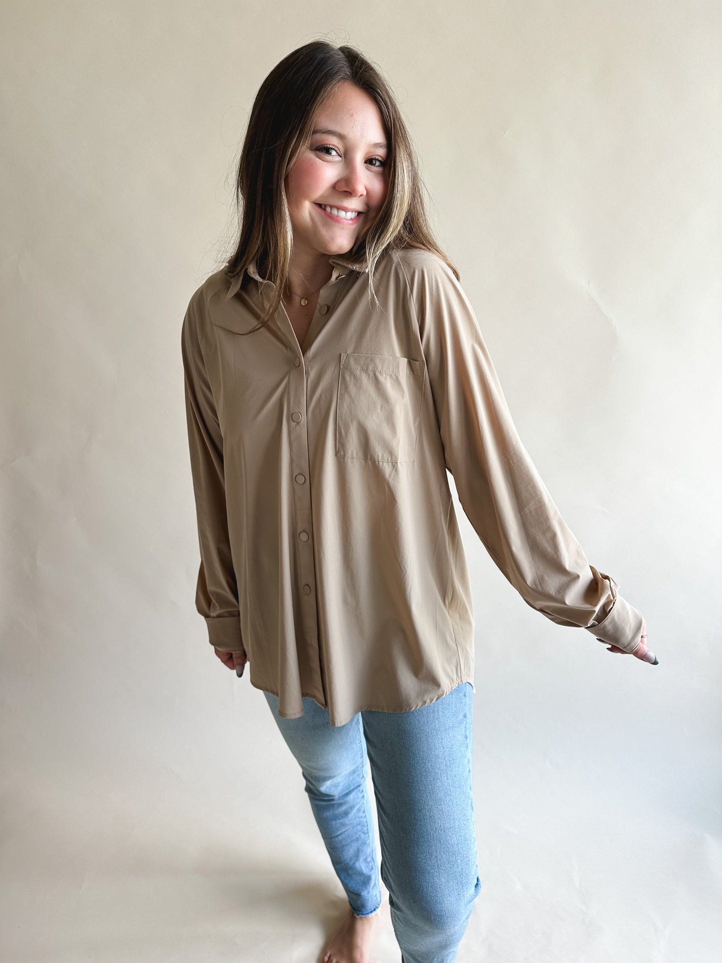 Taupe Active Button Up