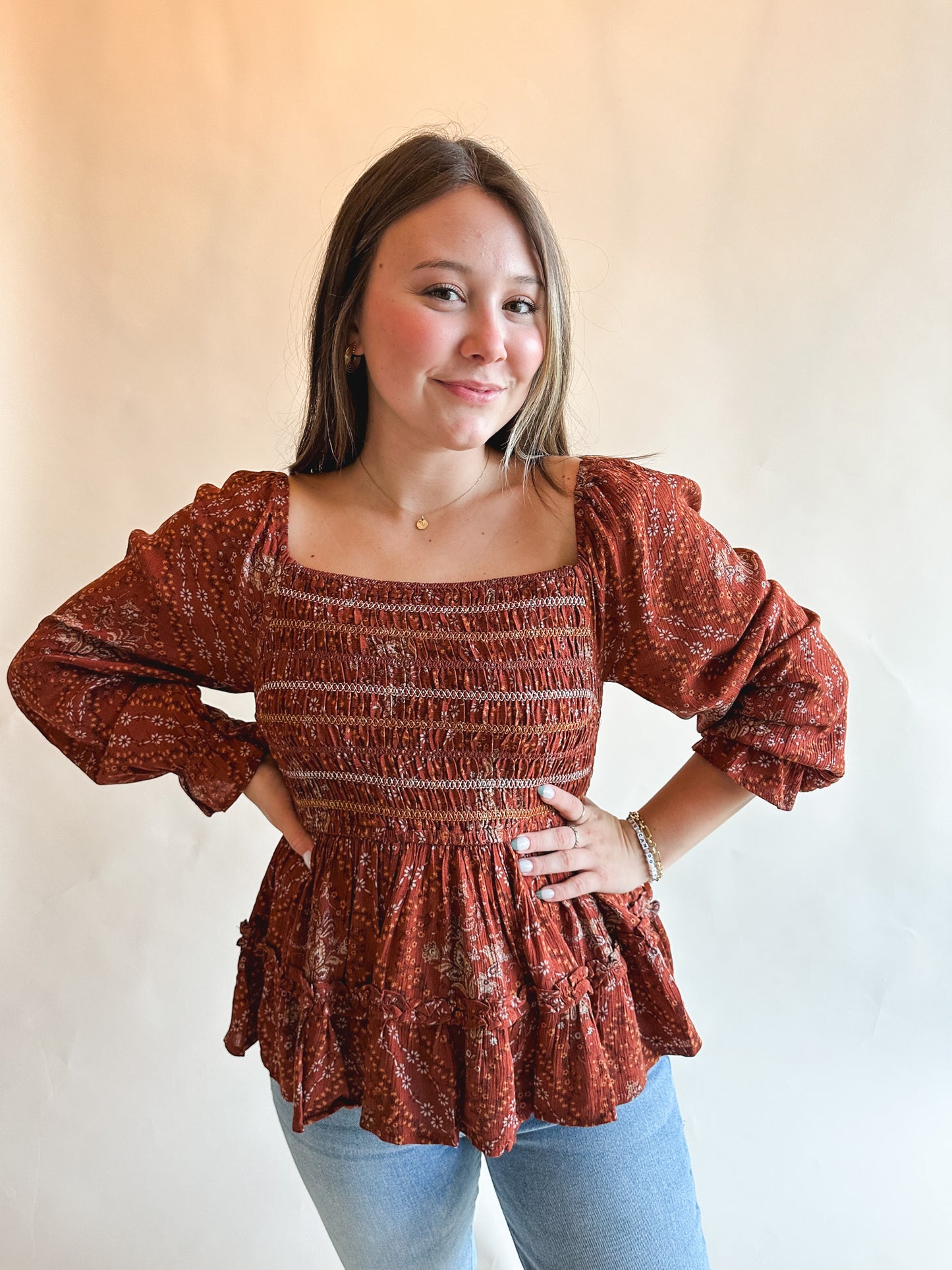Rust Floral Peplum Top