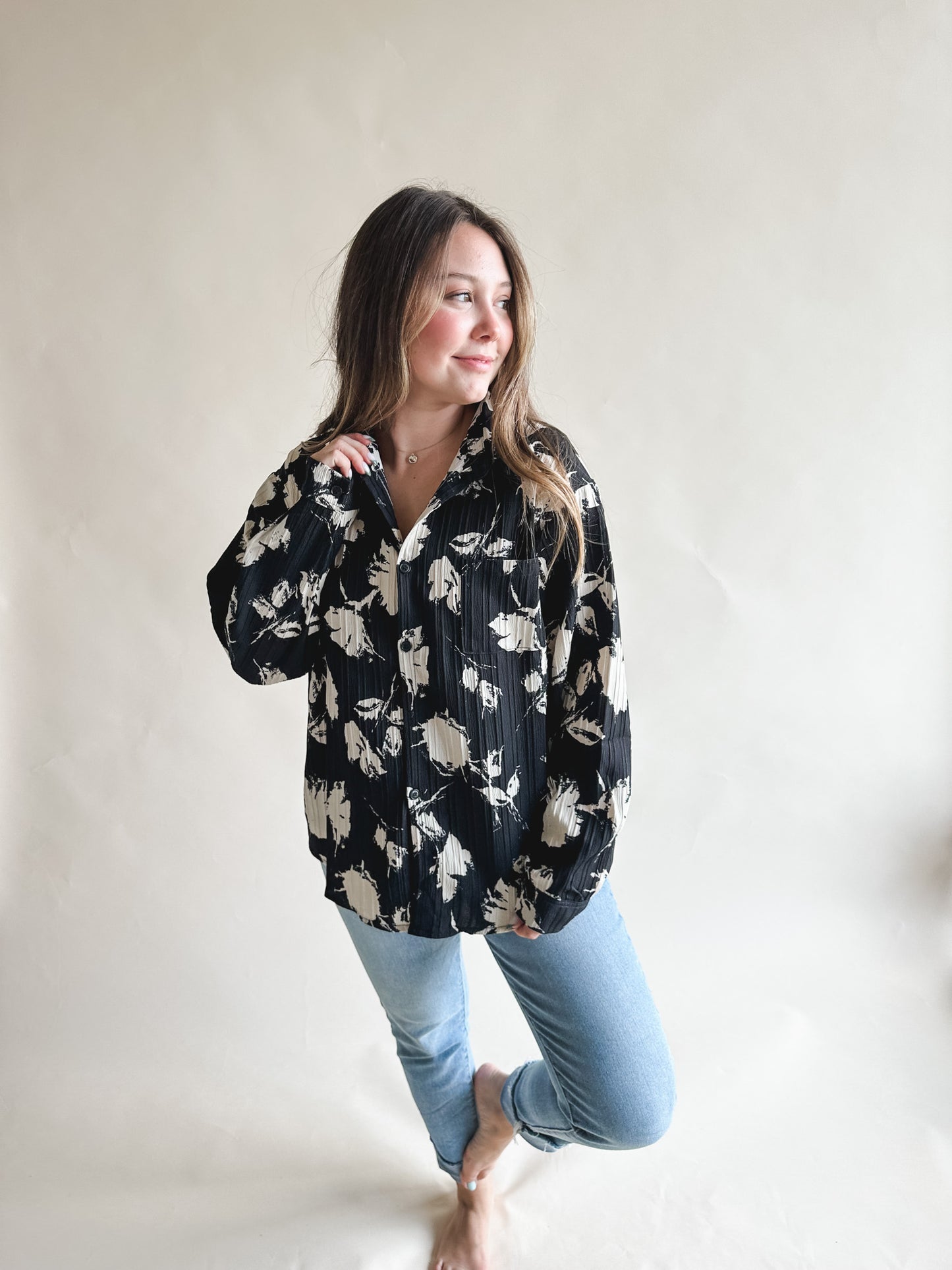 Black Beige Floral Button Up
