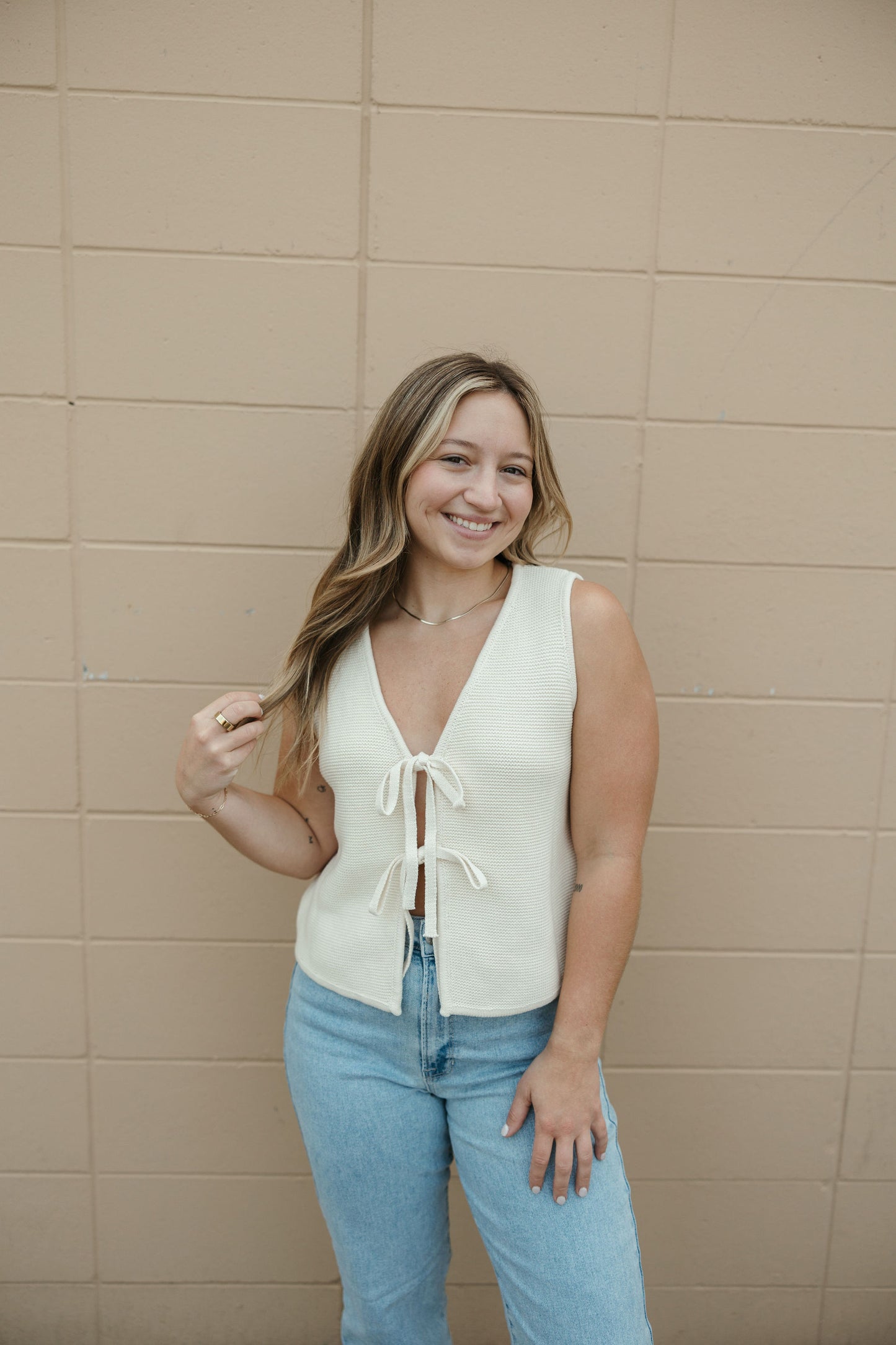 Beige Tie Front Knitted Vest