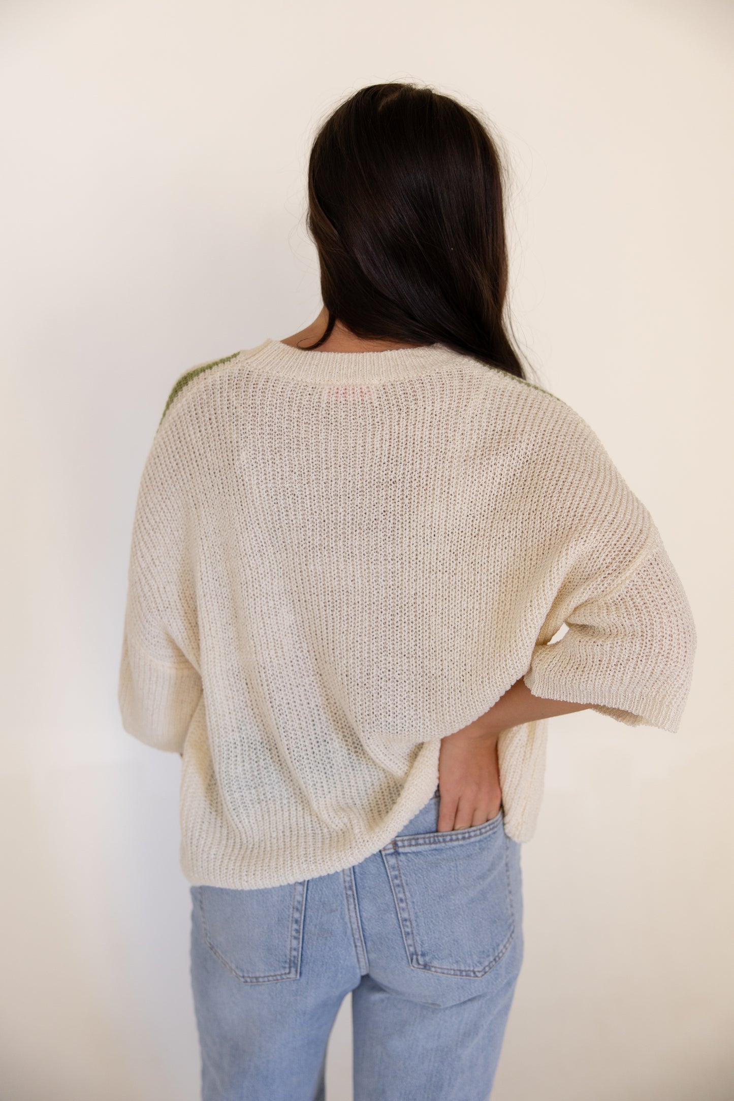 White w/Green Stripe Knit Sweater