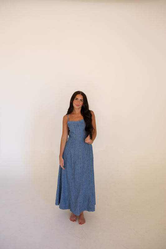 Paneled Denim Maxi Dress