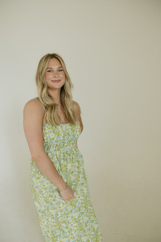 Pistachio Floral Smocked Midi Dress