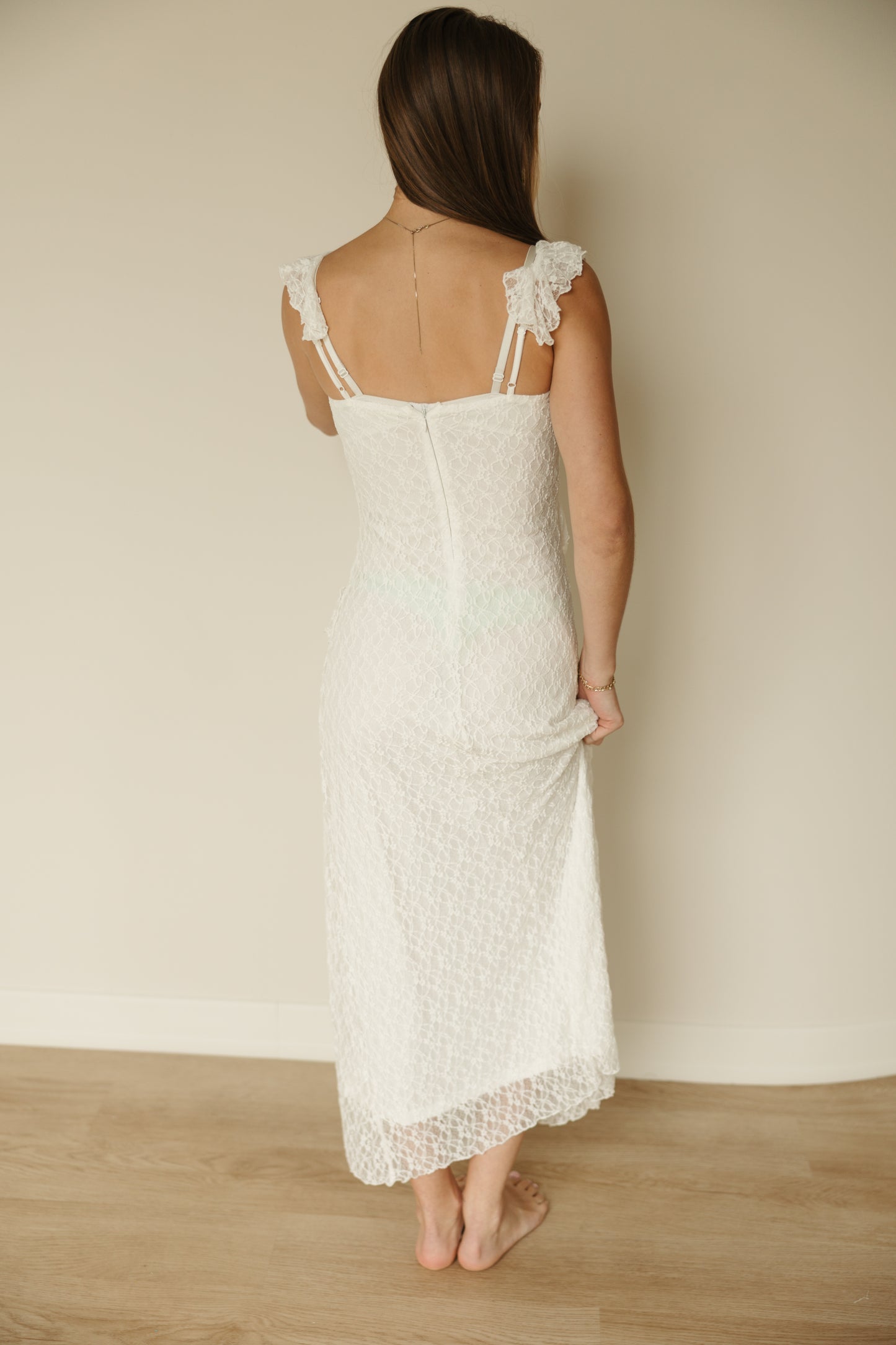 Ruffle Lace Front Slit Dress in White