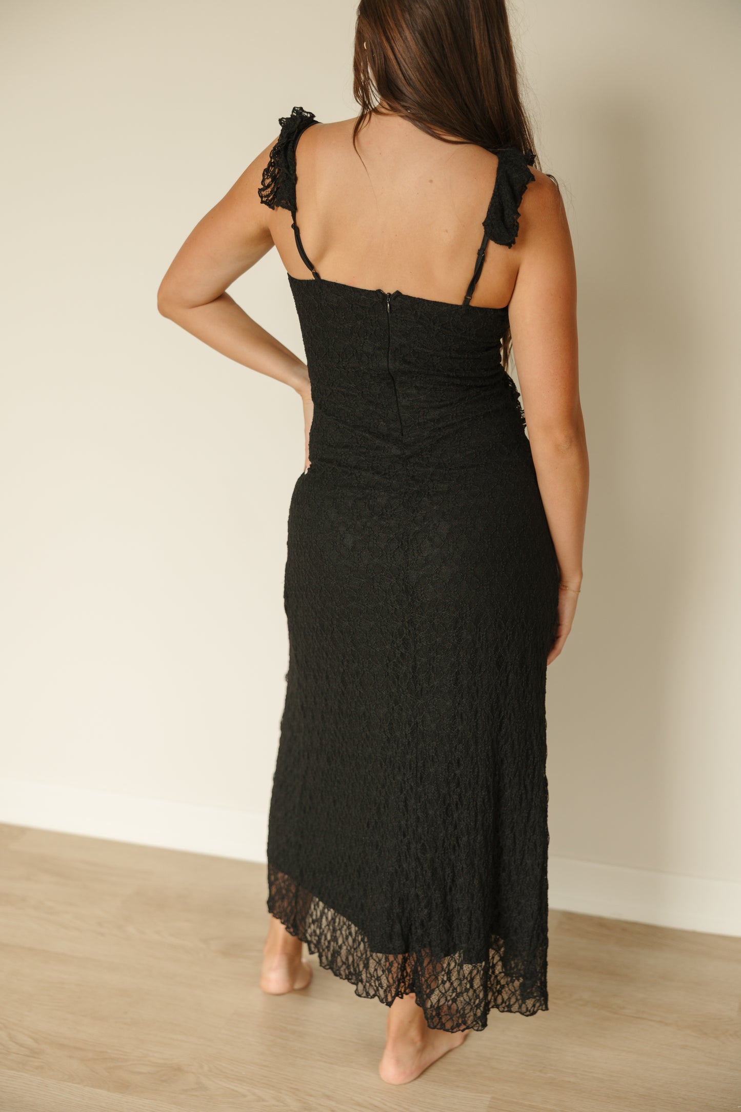 Ruffle Lace Front Slit Dress in Black