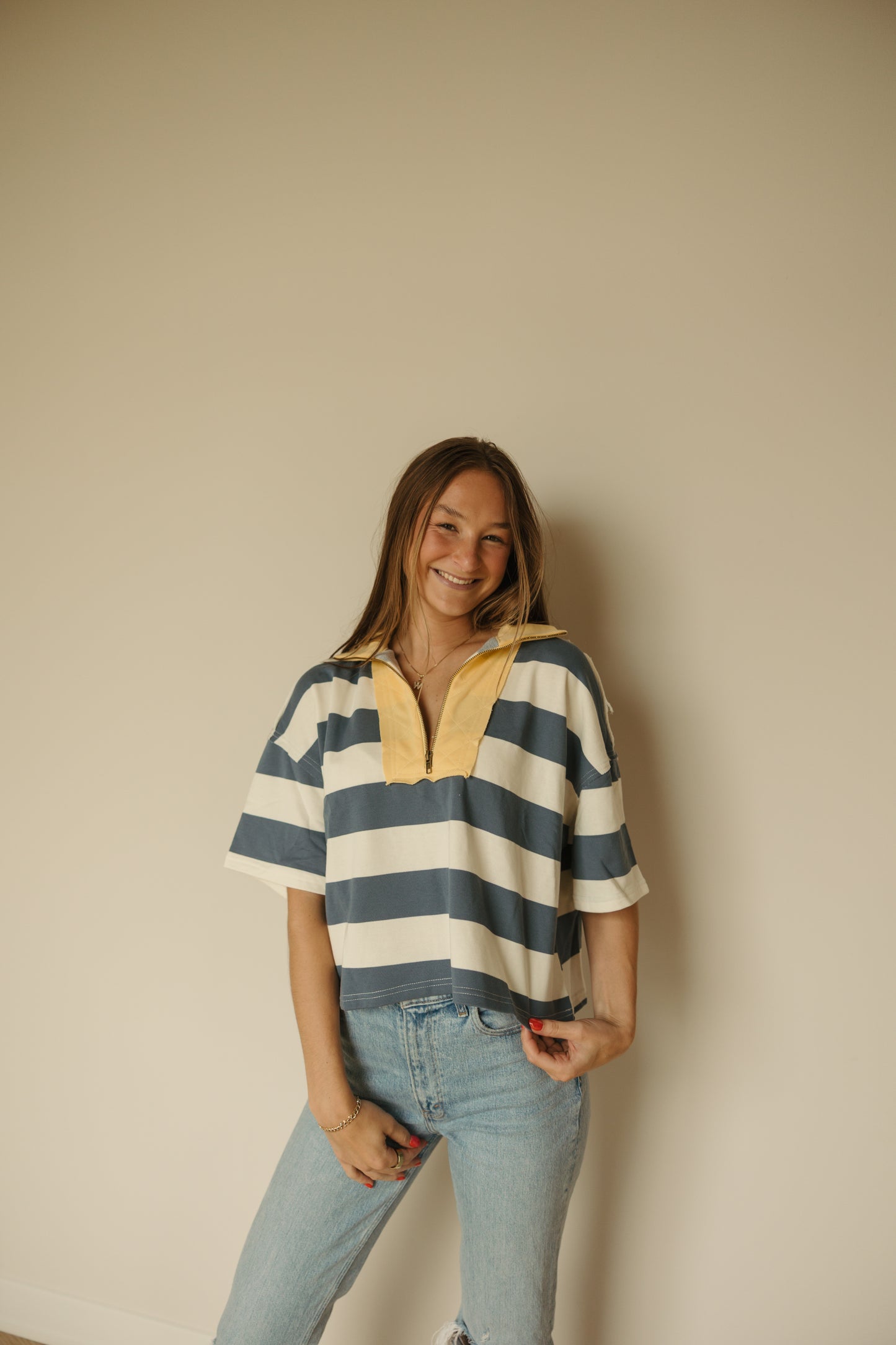 Striped Zip Up Polo Shirt