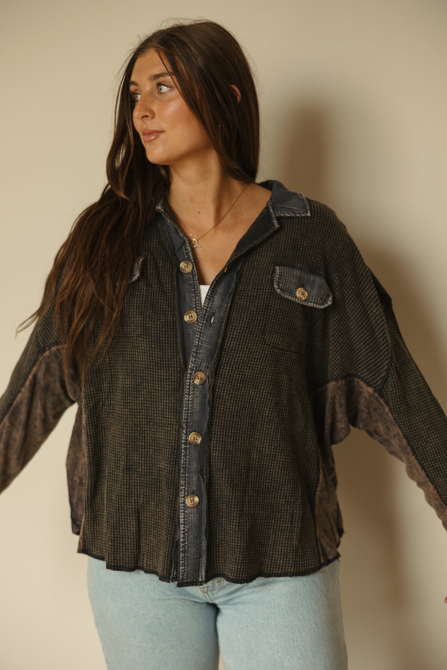 Slouchy Waffle Knit Jacket | Navy & Black