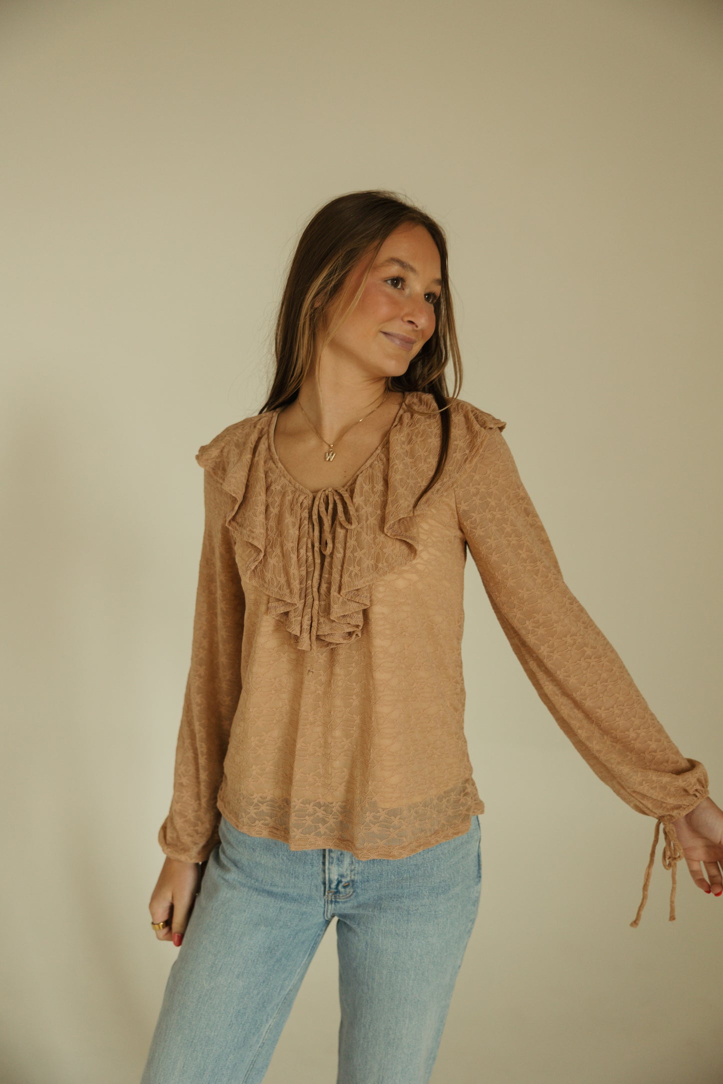 Taupe Ruffle Detail Lace Longsleeve