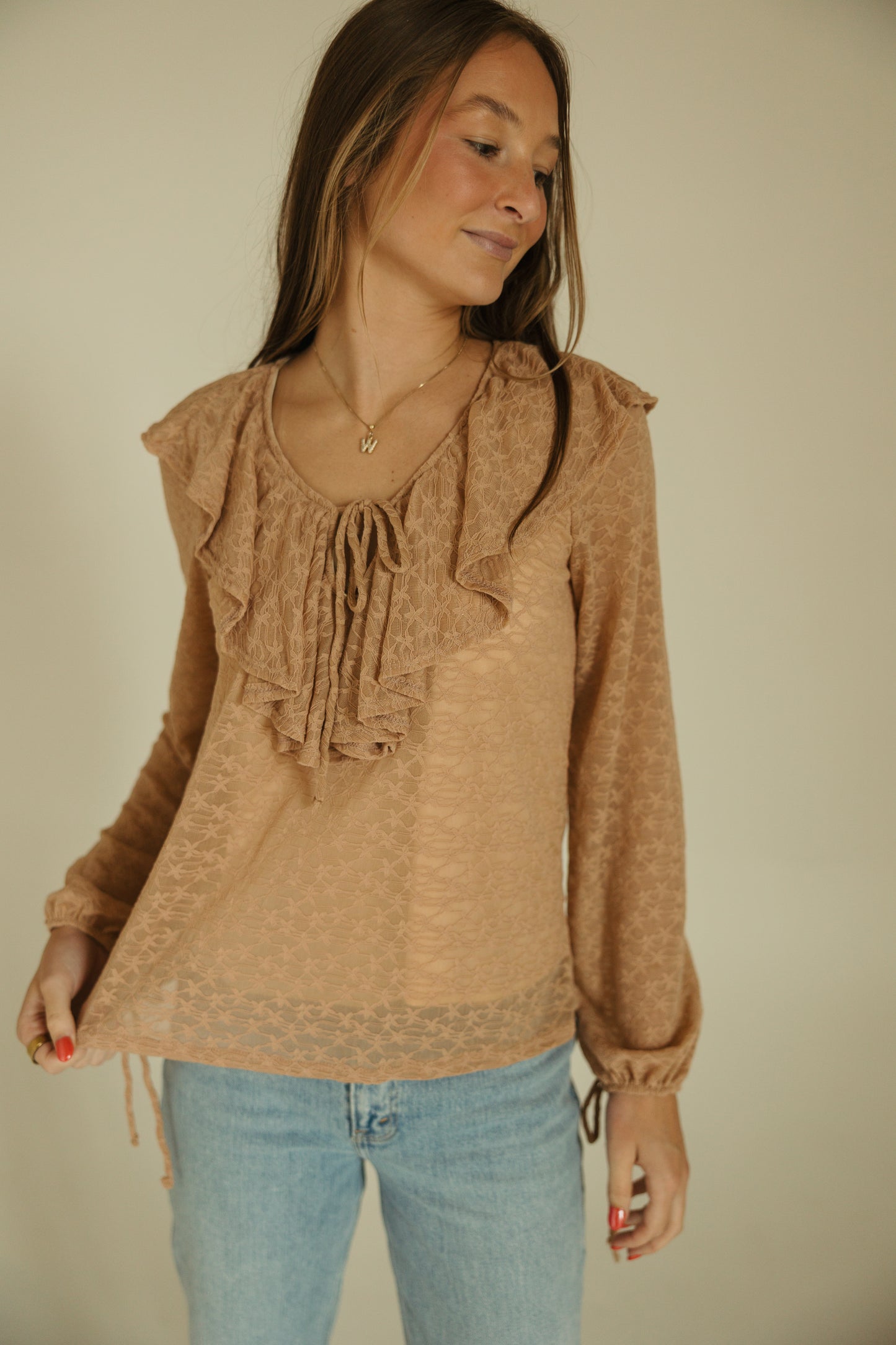 Taupe Ruffle Detail Lace Longsleeve