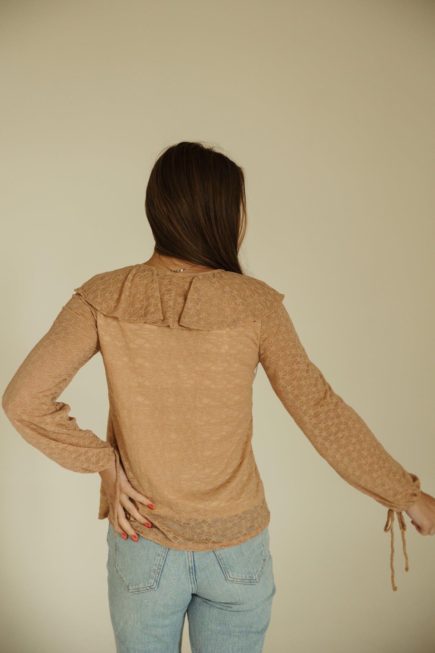Taupe Ruffle Detail Lace Longsleeve