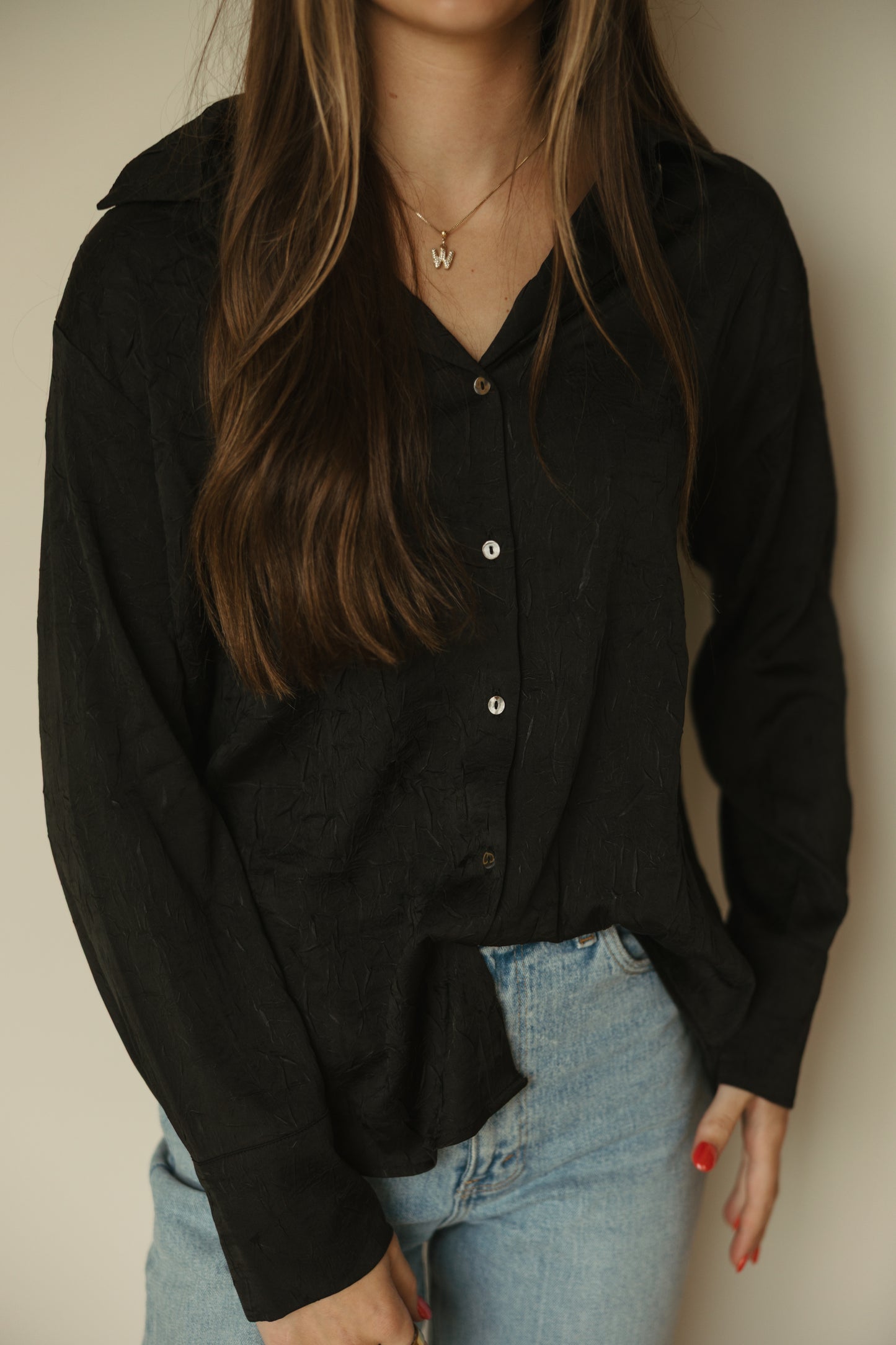 Black Crinkle Button Down