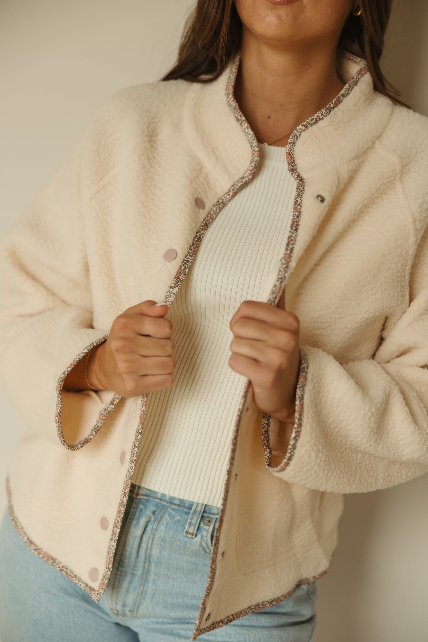 Pink Floral Trim Sherpa Jacket