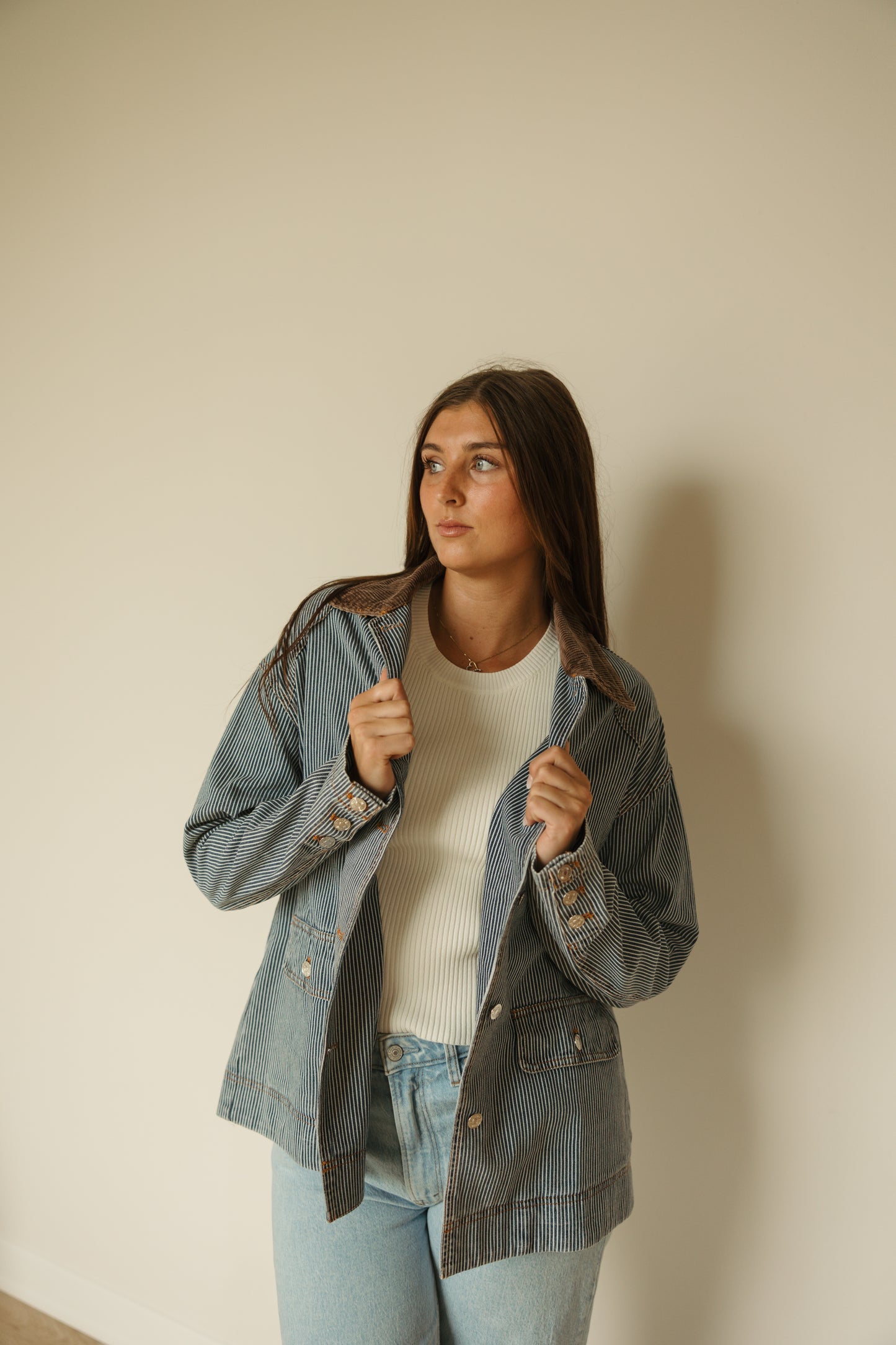 Denim Corduroy Collar Stripe Jacket