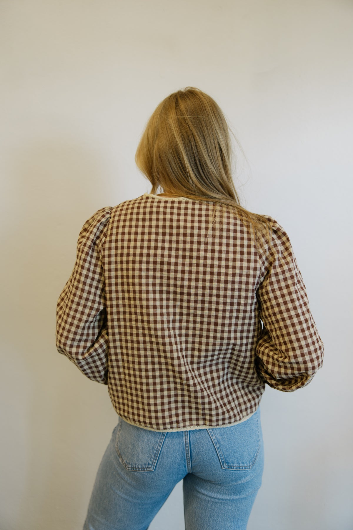 Brown Gingham Tie Front Blouse