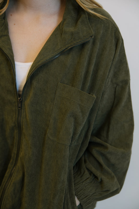 Olive Corduroy Zipper Jacket