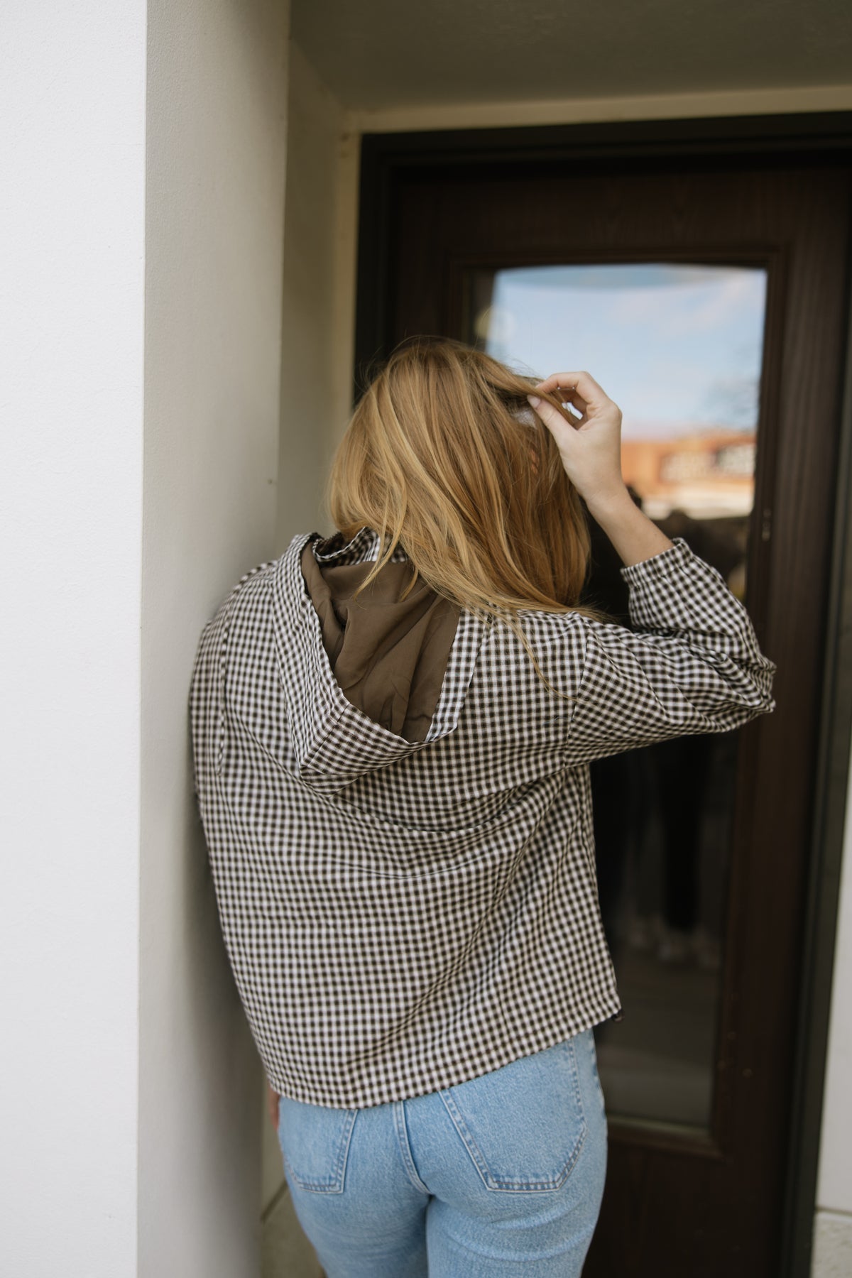 Brown Gingham Hooded Windbreaker