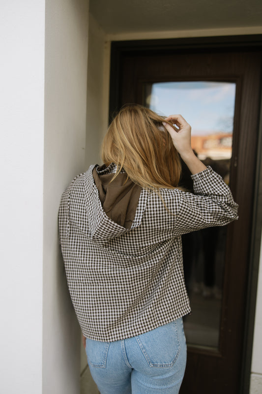 Brown Gingham Hooded Windbreaker