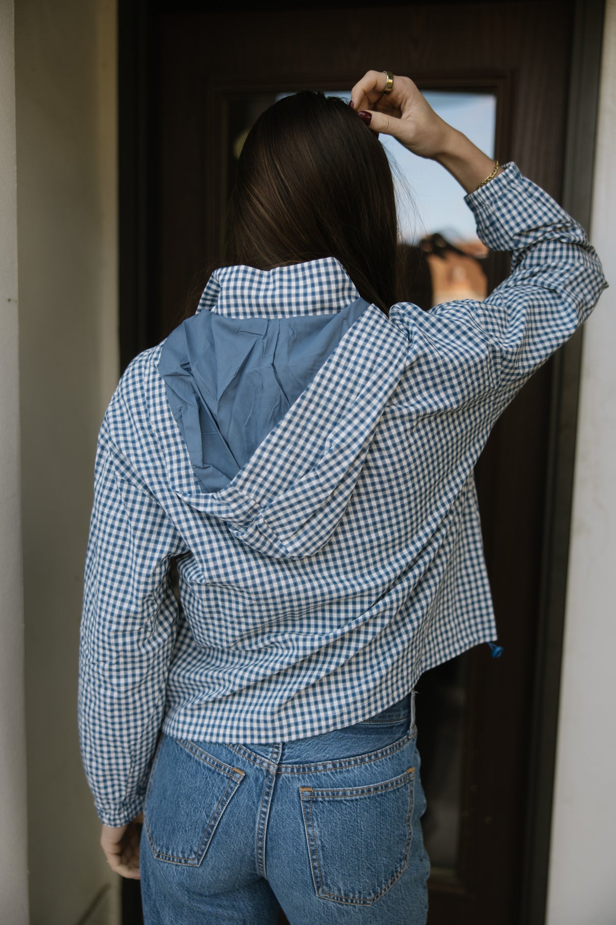 Navy Gingham Hooded Windbreaker