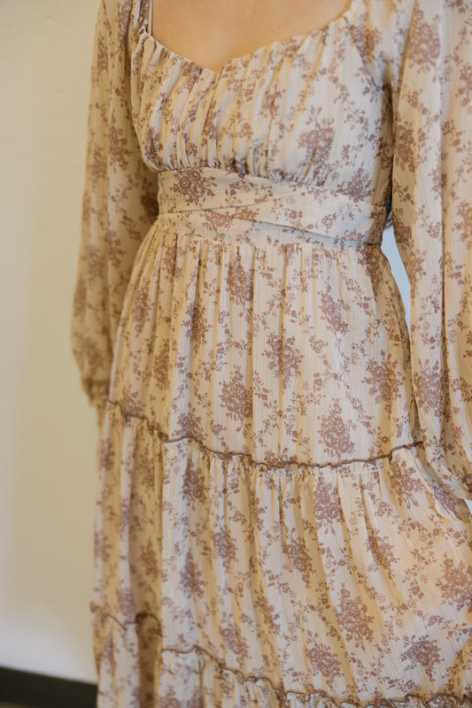Chiffon Floral Bubble Sleeve Maxi Dress