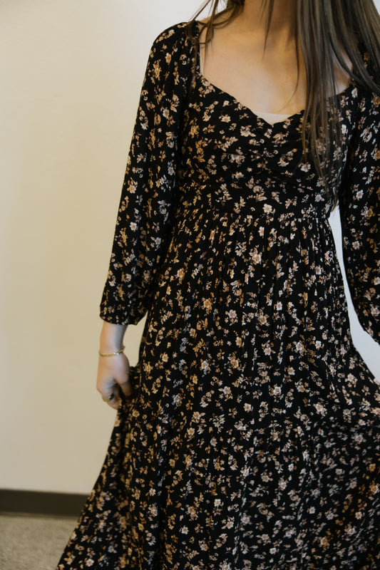 Black Floral Long Sleeve Maxi Dress