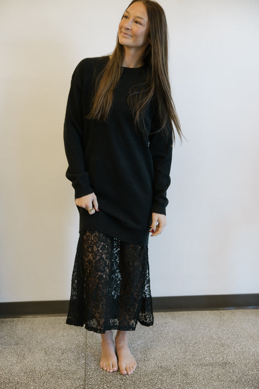 Black Lace Detail Sweater Dress