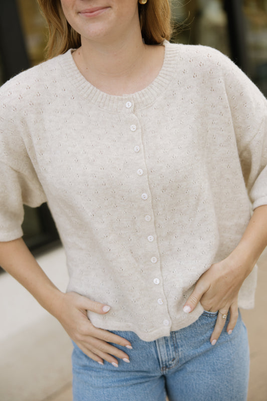Oatmeal Short Sleeve Pointelle Cardigan