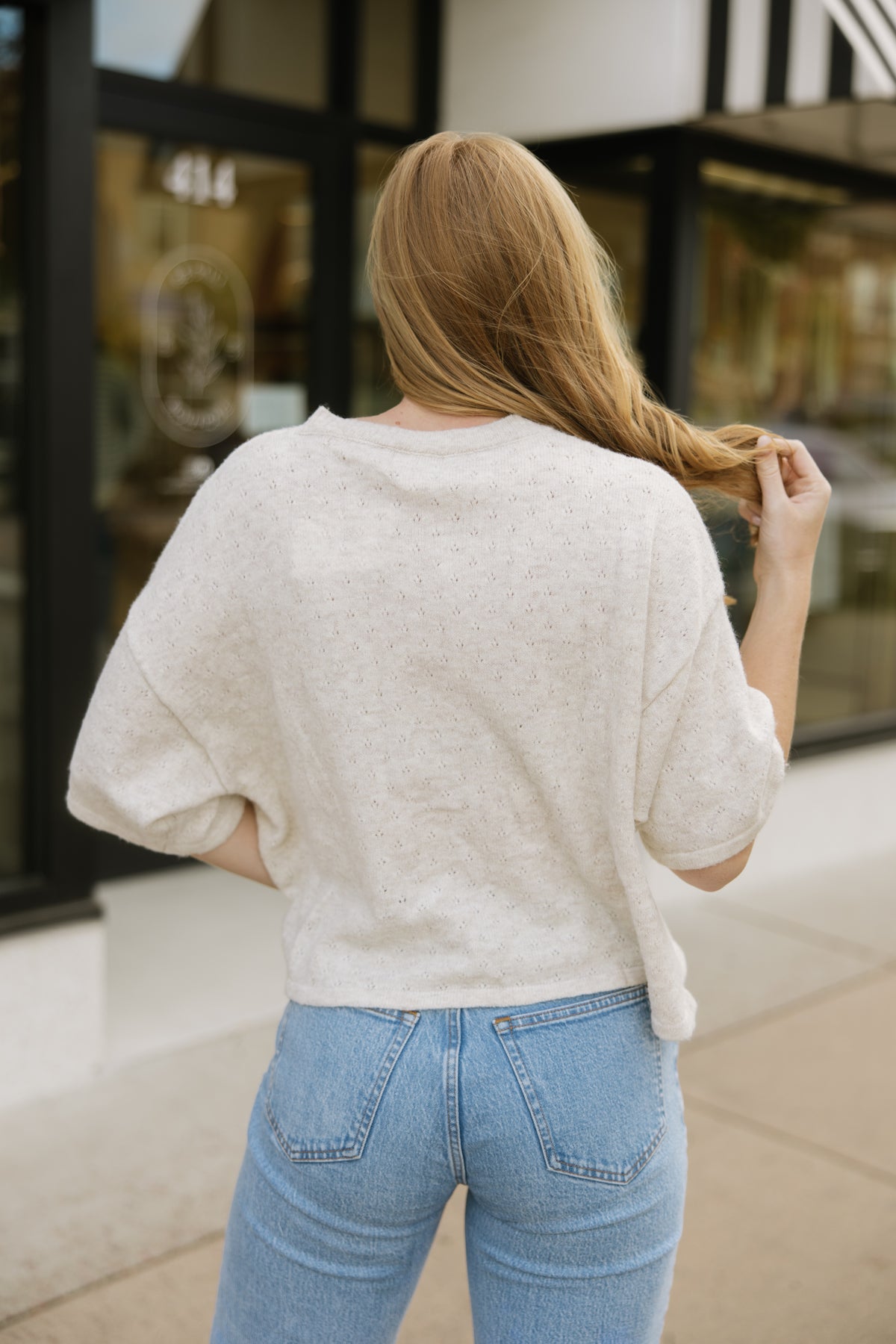 Oatmeal Short Sleeve Pointelle Cardigan