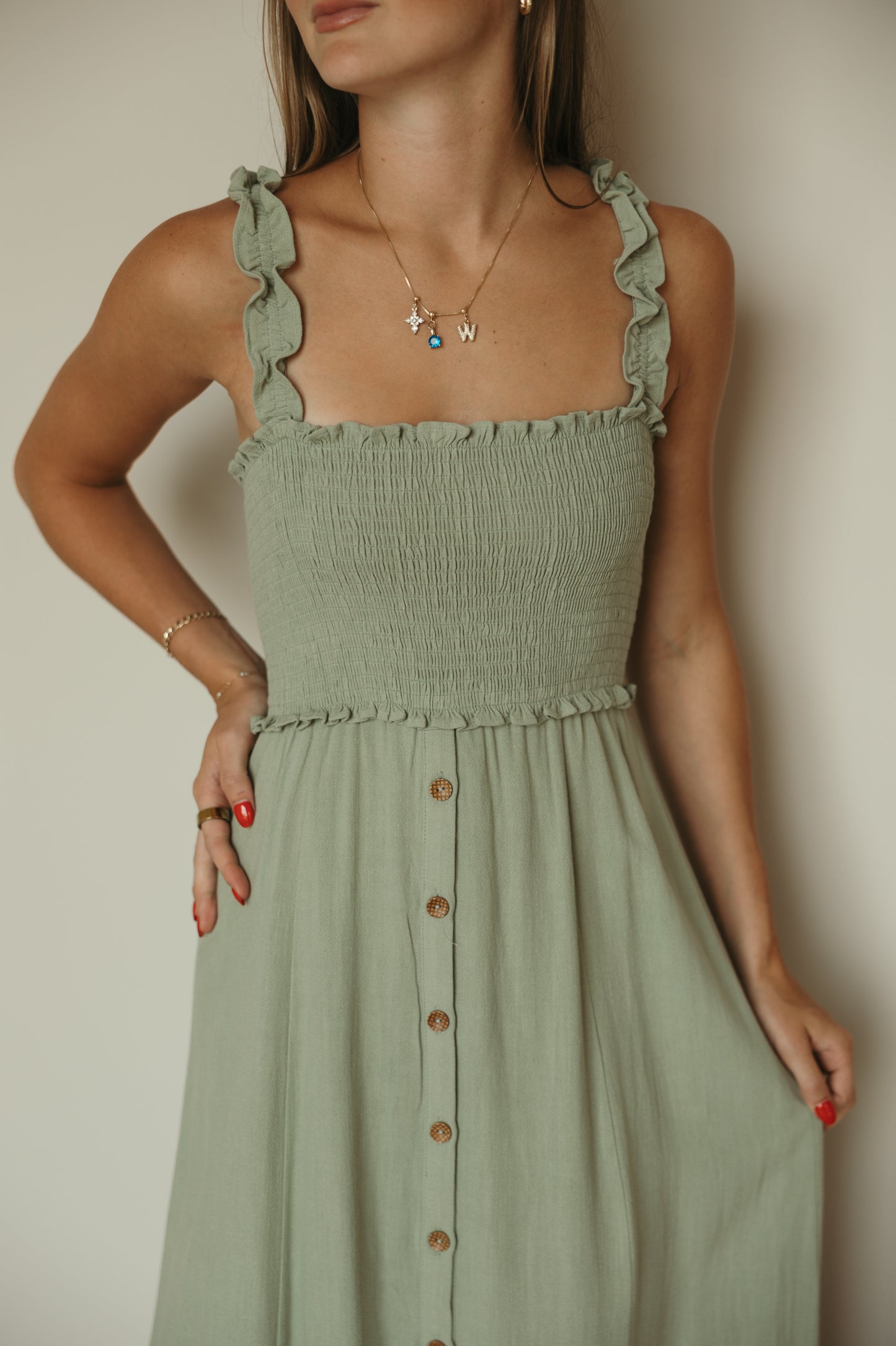 Sage Smocked Button Front Cami Dress
