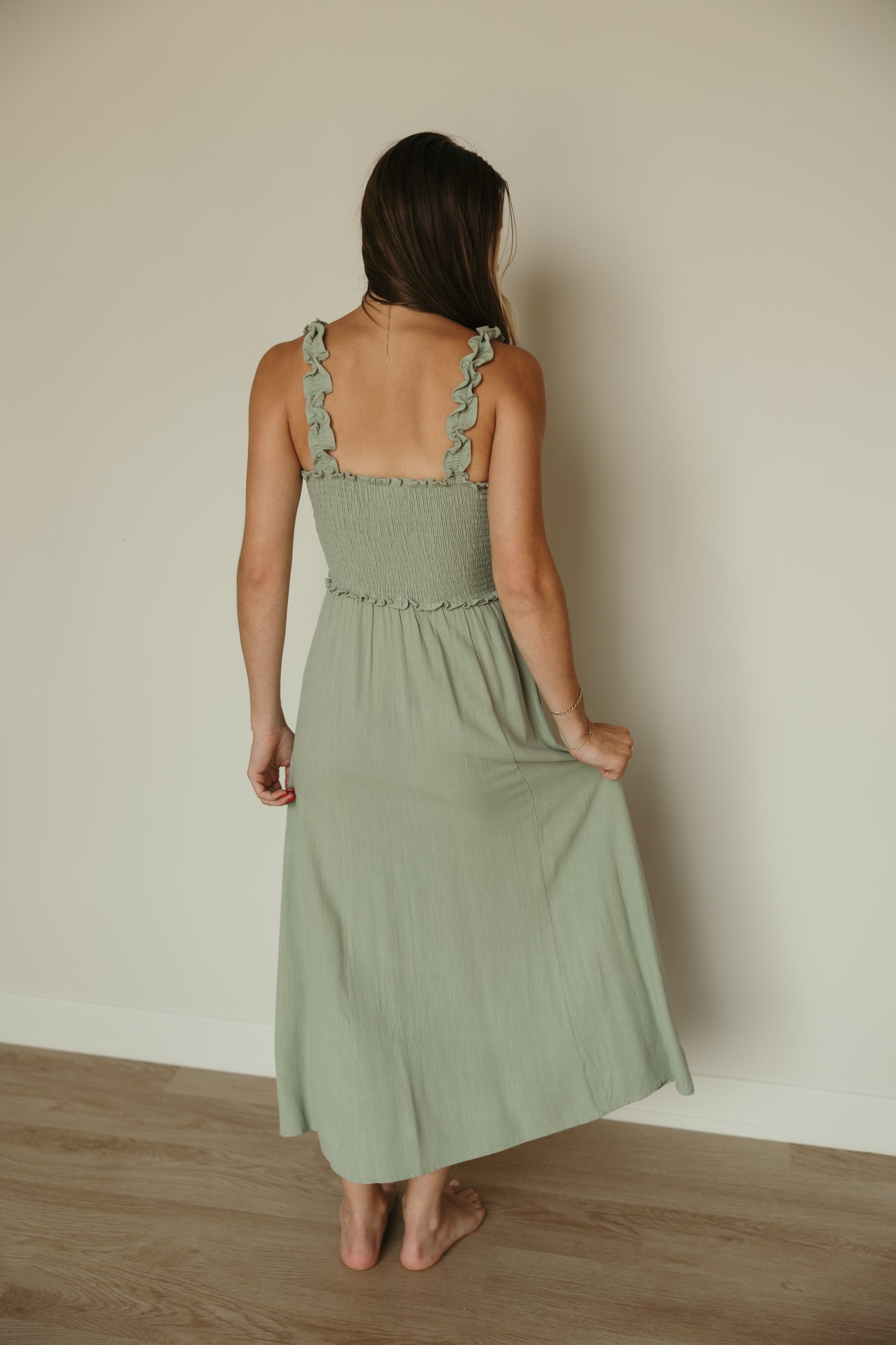 Sage Smocked Button Front Cami Dress