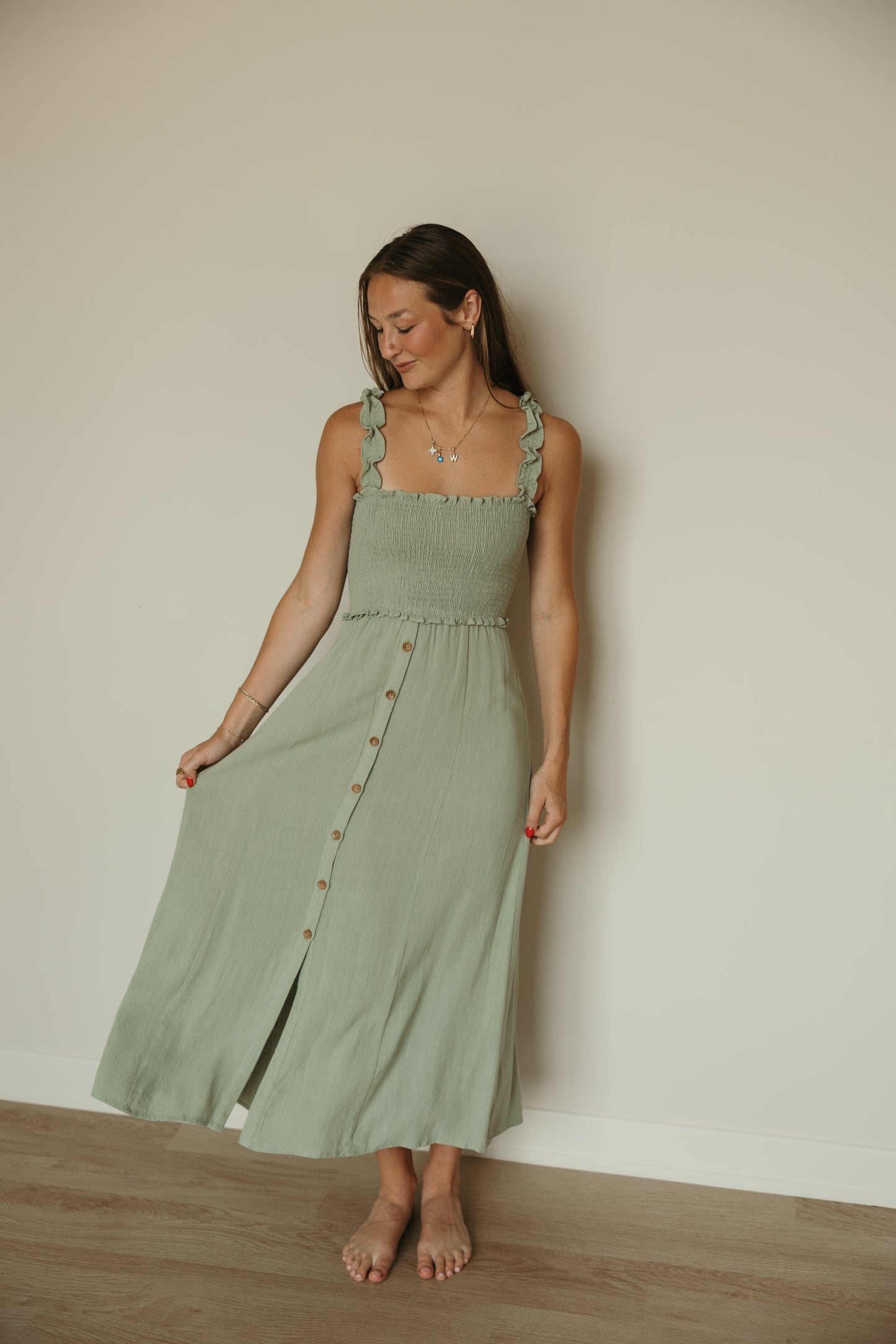 Sage Smocked Button Front Cami Dress