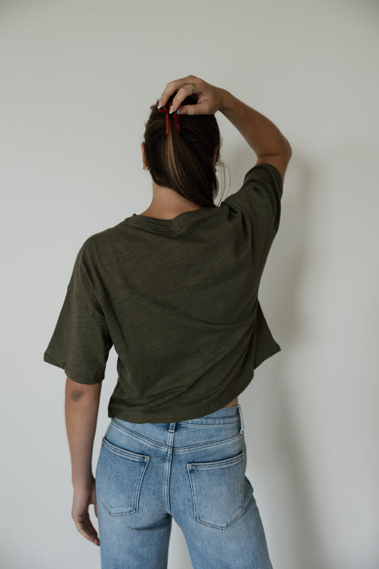 Olive Button Down Round Neck Top