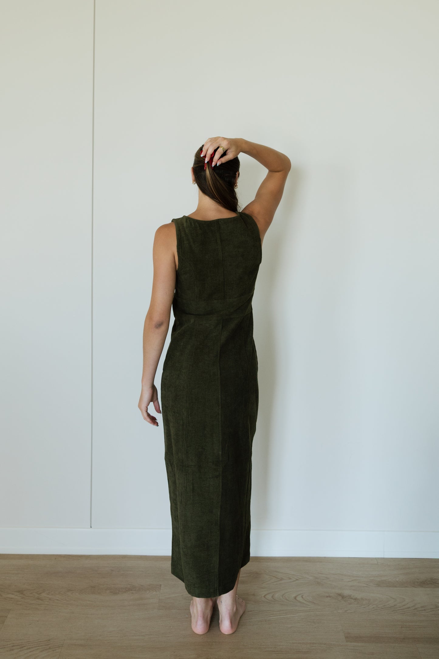 Olive Corduroy Scoop Neck Maxi Dress