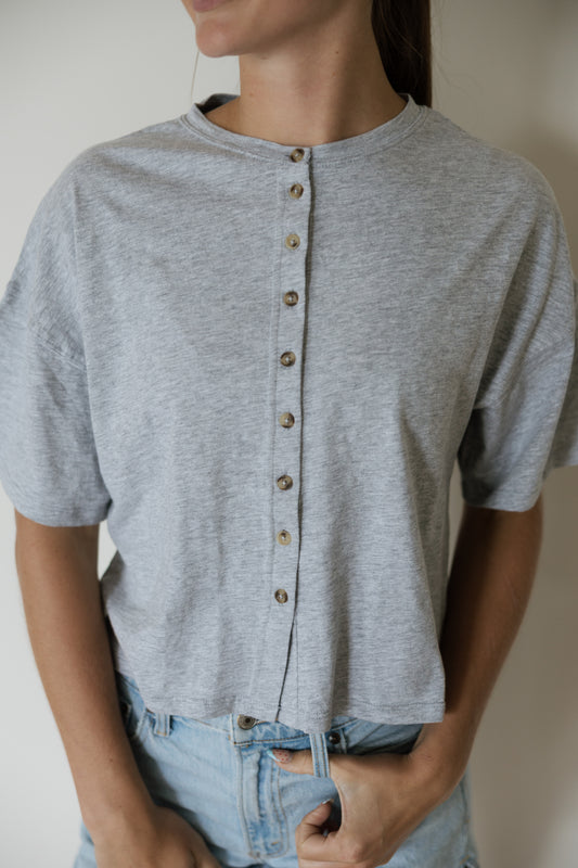 Grey Button Down Round Neck Top