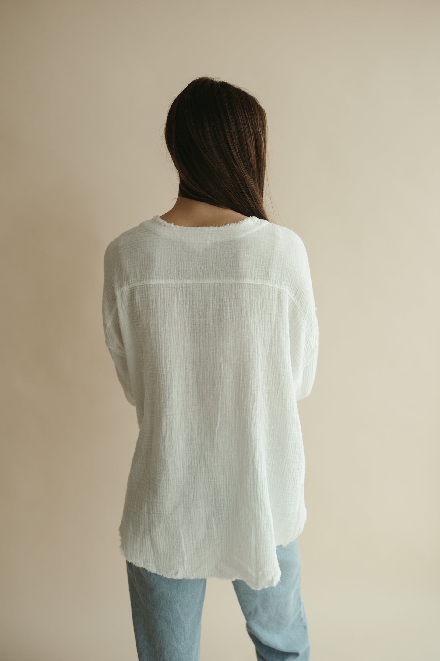 White Frayed Hem Long Sleeve Top