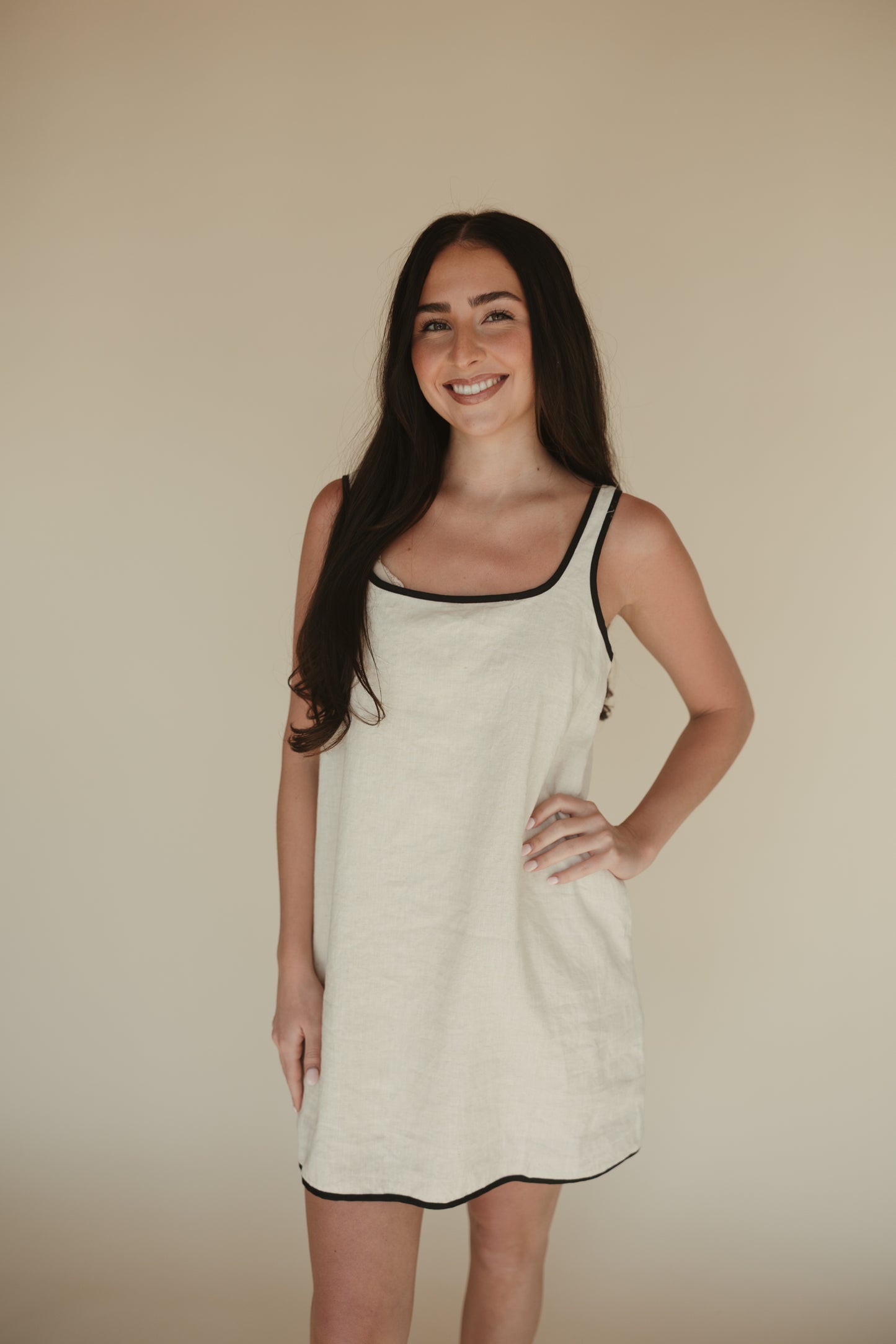 Linen Black Trim Mini Dress