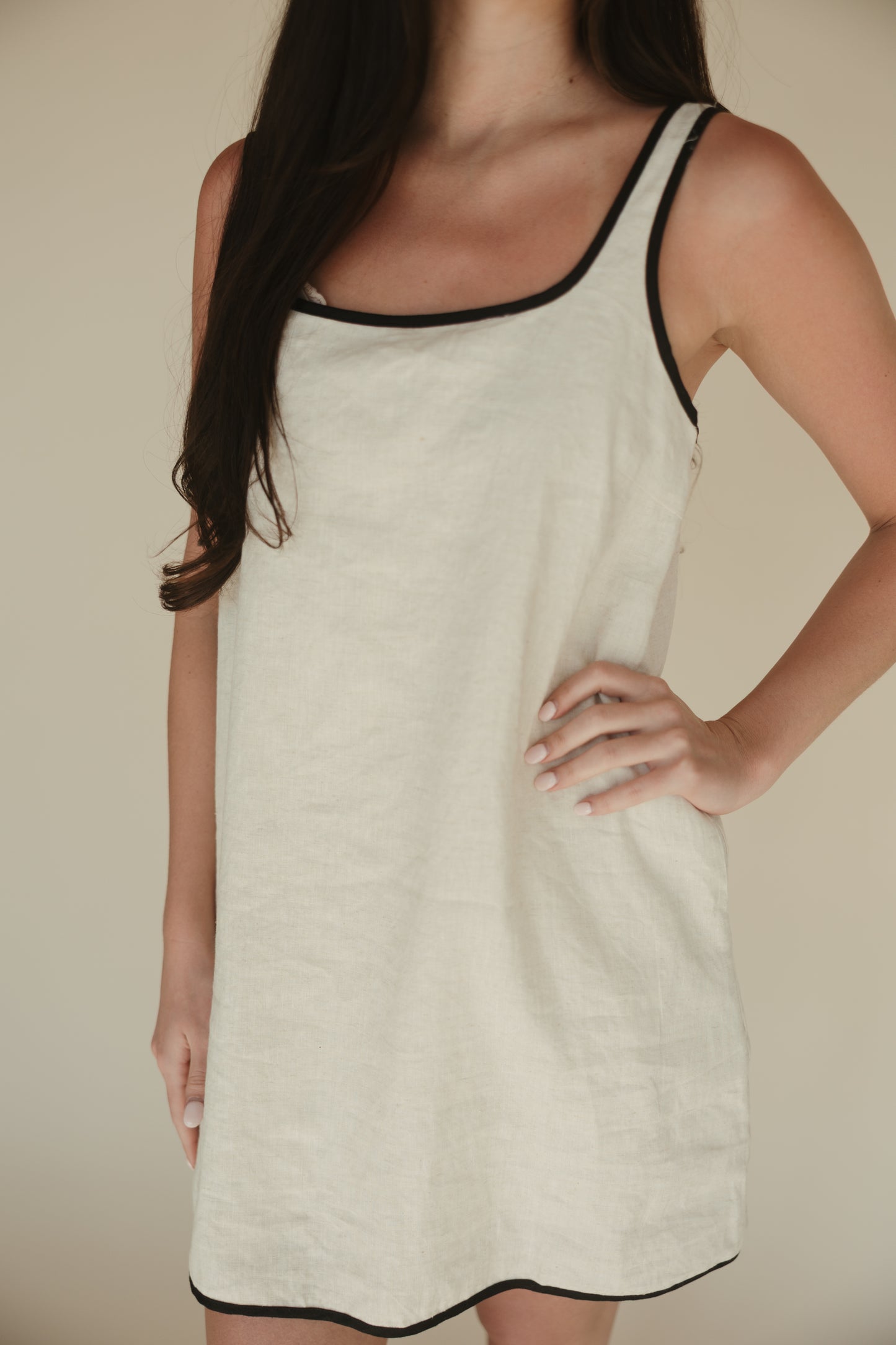 Linen Black Trim Mini Dress