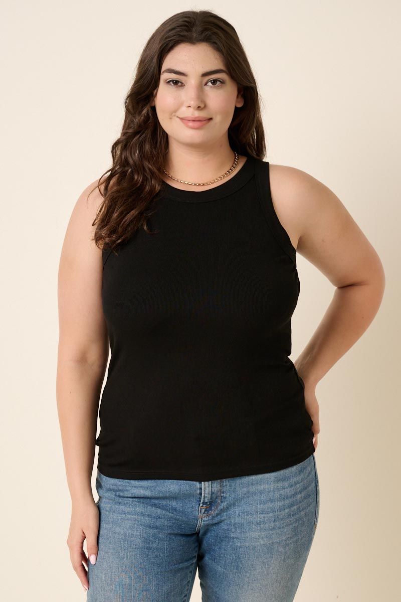 Black Rib Knit Round Neck Tank