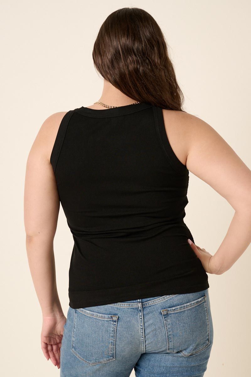 Black Rib Knit Round Neck Tank