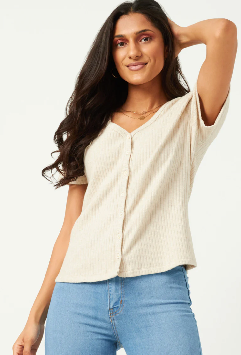 Ivory Ribbed Button Tee