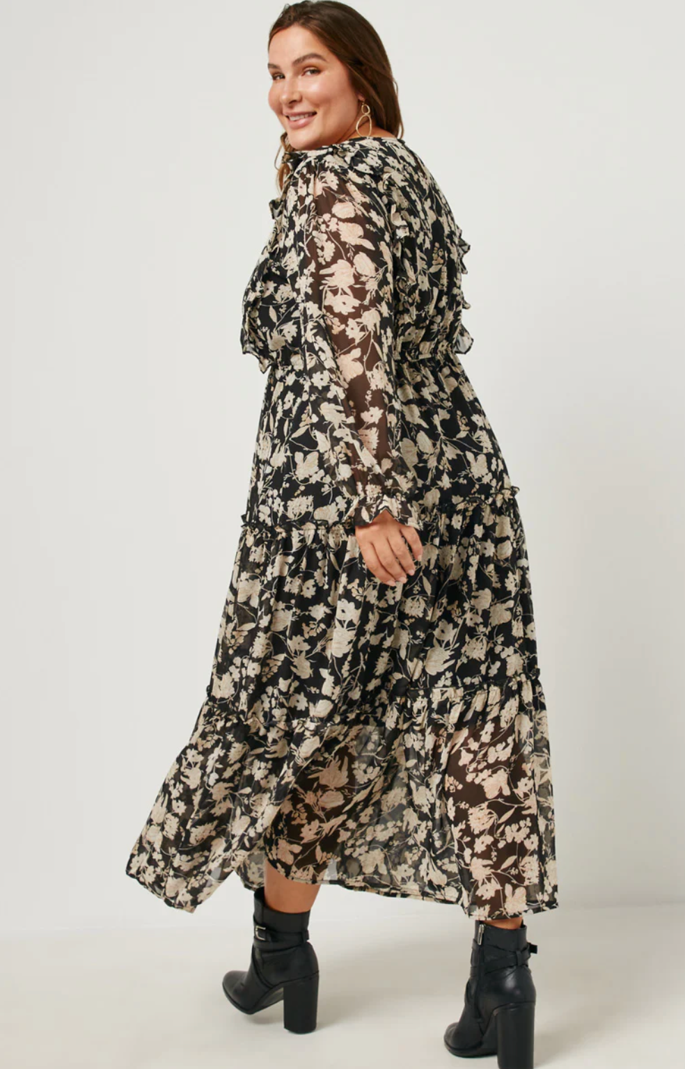 Botanical Chiffon Ruffle Maxi Dress