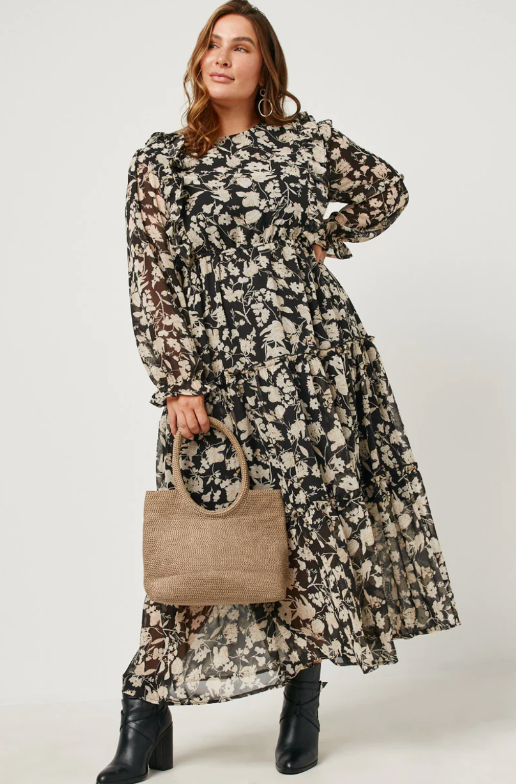 Botanical Chiffon Ruffle Maxi Dress