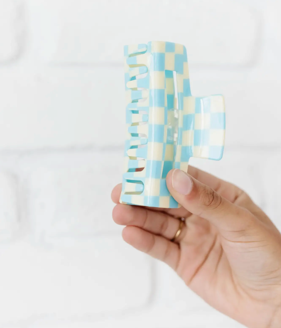 Aqua Checkered Claw Clip