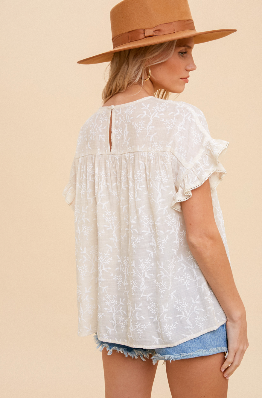 Embroidered Ruffle Sleeve Top