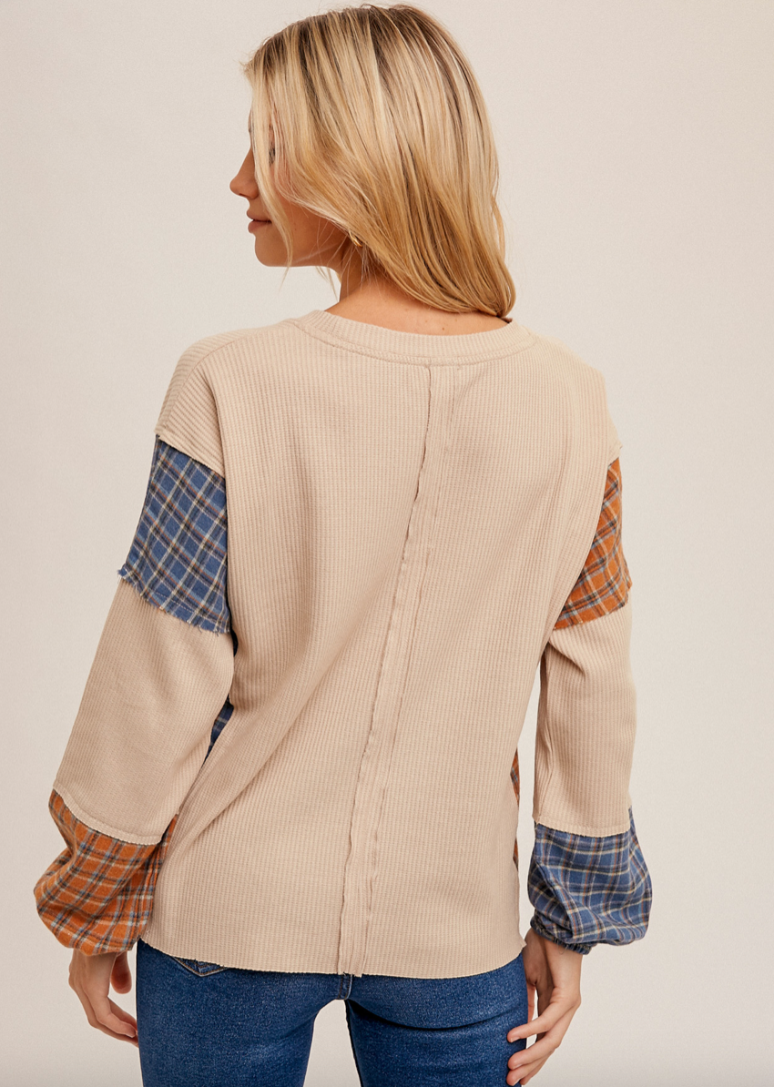 Mixed Plaid Sleeve Top